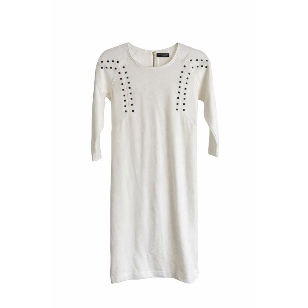Zara W&B Winter White Studded Mixed Media Shift Dress Small Minimalist